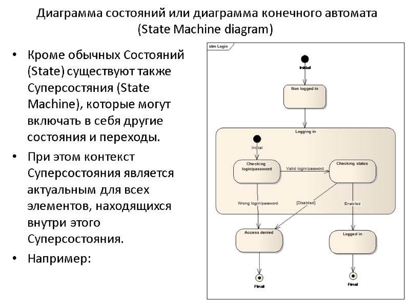 Диаграмма состояний или диаграмма конечного автомата (State Machine diagram) Кроме обычных Состояний (State) существуют